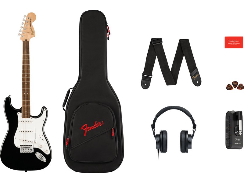 SQUIER Affinity Strat Mustang Micro Pack, Laurel Fungerb, Black Fender Squier Affinity Strat Mustang LF Micro Pack Black электрогитара в комплекте — изображение 1